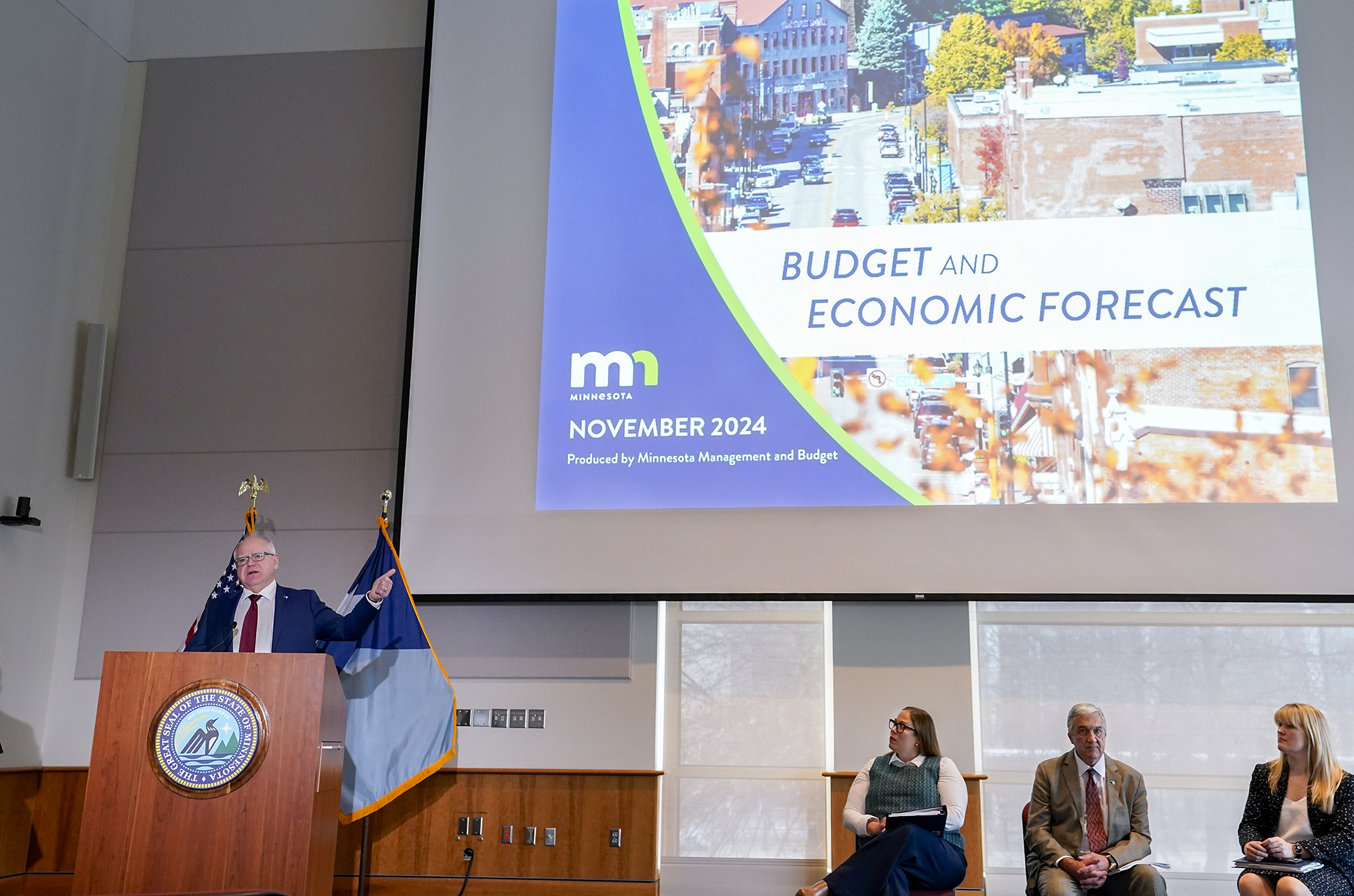 Gov. Tim Walz takes questions following the release of the state's November budget forecast in December 2024. The latest projections show a $456 million surplus in the current budget cycle and a $6 billion deficit longer-term. (House Photography file photo)